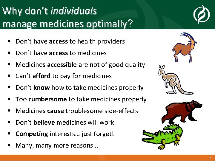 Why don’t individuals manage medicines optimally? manage medicines optimally § Don’t have access to