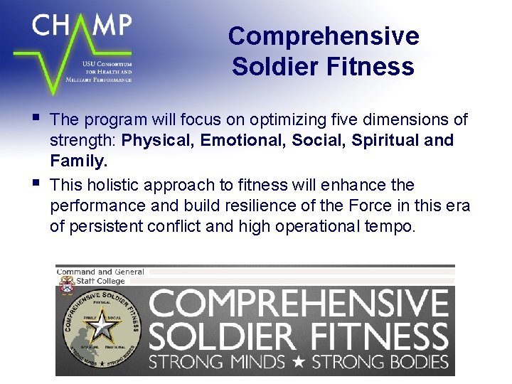 Comprehensive Soldier Fitness § § The program will focus on optimizing five dimensions of