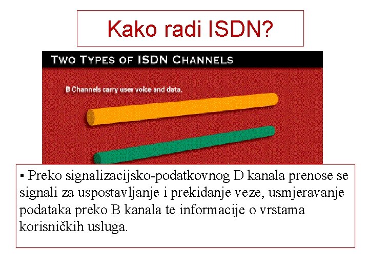 Kako radi ISDN? ▪ Preko signalizacijsko-podatkovnog D kanala prenose se signali za uspostavljanje i