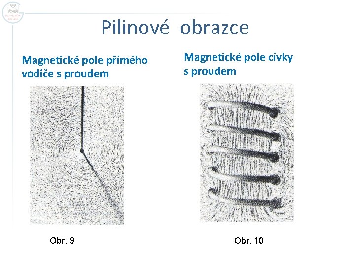 Pilinové obrazce Magnetické pole přímého vodiče s proudem Obr. 9 Magnetické pole cívky s