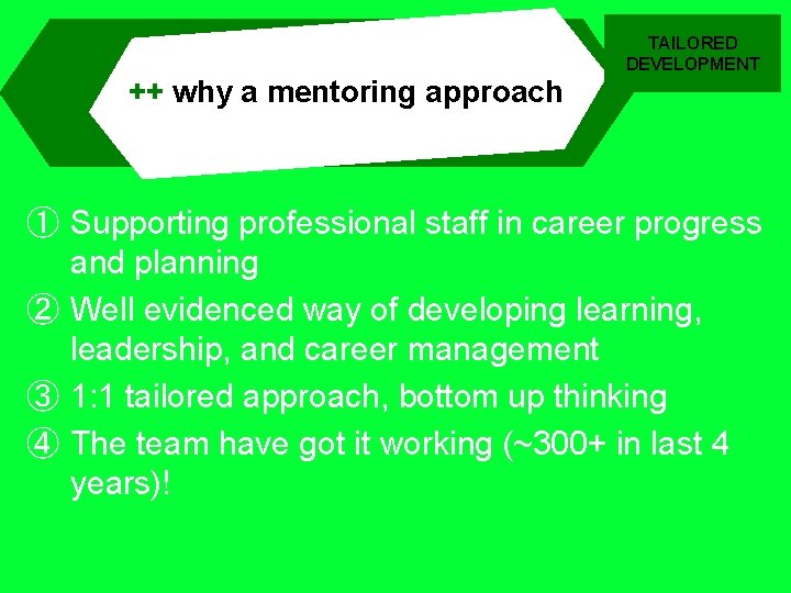 TAILORED DEVELOPMENT ++ why a mentoring approach ① Supporting professional staff in career progress