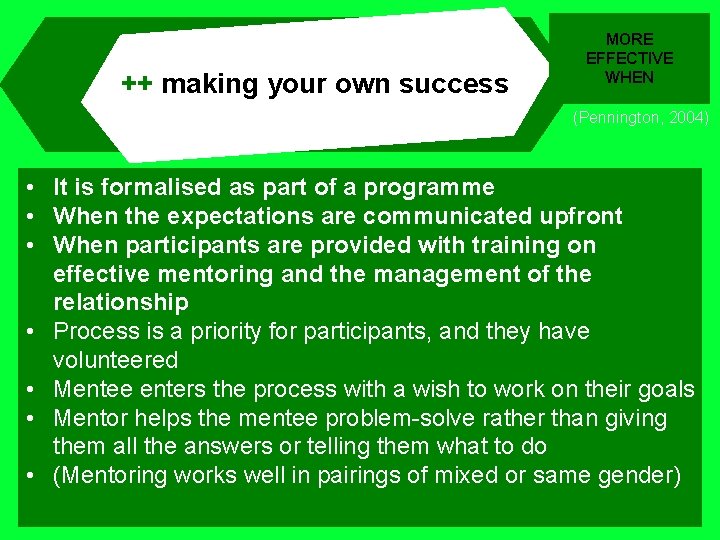 ++ making your own success MORE EFFECTIVE WHEN (Pennington, 2004) • It is formalised