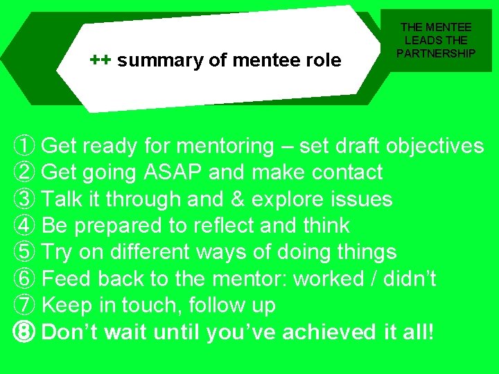 ++ summary of mentee role THE MENTEE LEADS THE PARTNERSHIP ① Get ready for