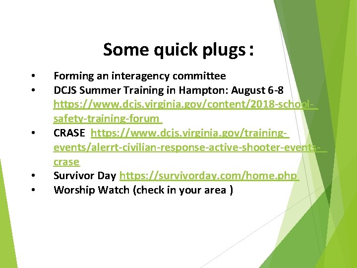 Some quick plugs : • • • Forming an interagency committee DCJS Summer Training
