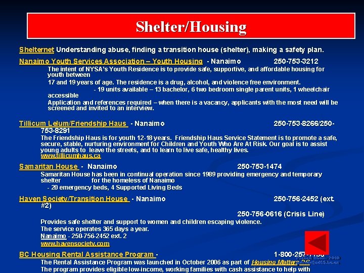 Shelter/Housing Shelternet Understanding abuse, finding a transition house (shelter), making a safety plan. Nanaimo