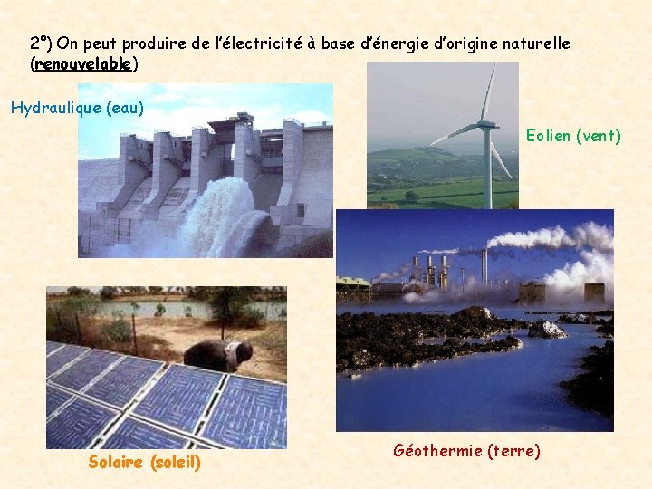 2°) On peut produire de l’électricité à base d’énergie d’origine naturelle (renouvelable) Hydraulique (eau) 2°) On peut produire de l’électricité à base d’énergie d’origine naturelle (renouvelable) Hydraulique (eau)