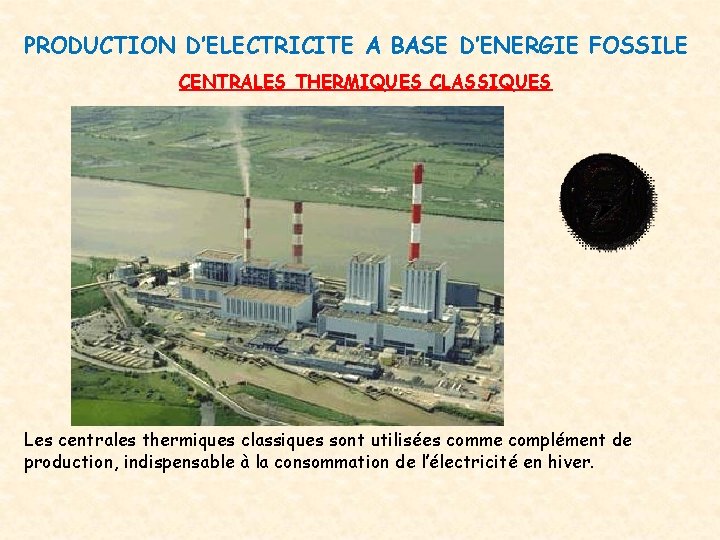 PRODUCTION D’ELECTRICITE A BASE D’ENERGIE FOSSILE CENTRALES THERMIQUES CLASSIQUES Les centrales thermiques classiques sont PRODUCTION D’ELECTRICITE A BASE D’ENERGIE FOSSILE CENTRALES THERMIQUES CLASSIQUES Les centrales thermiques classiques sont