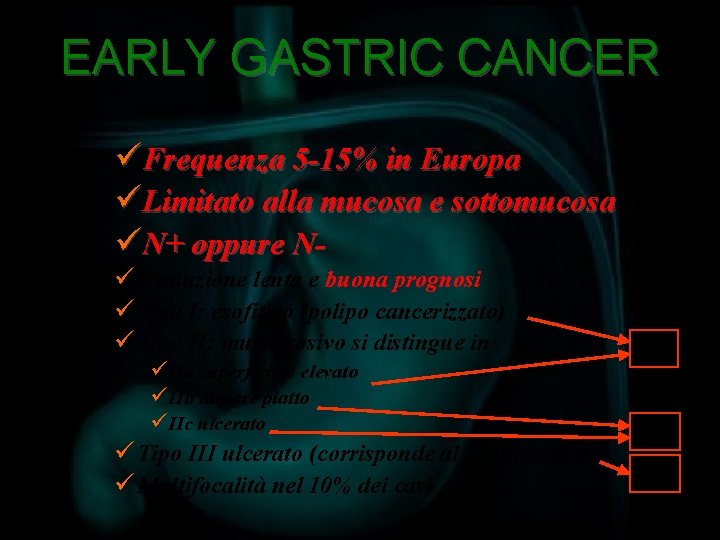EARLY GASTRIC CANCER üFrequenza 5 -15% in Europa üLimitato alla mucosa e sottomucosa üN+