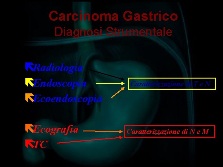 Carcinoma Gastrico Diagnosi Strumentale ëRadiologia ëEndoscopia ëEcoendoscopia ëEcografia ëTC Caratterizzazione di T e N