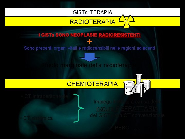GISTs: TERAPIA RADIOTERAPIA I GISTs SONO NEOPLASIE RADIORESISTENTI + Sono presenti organi vitali e