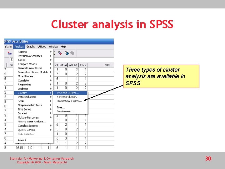 Cluster analysis in SPSS Three types of cluster analysis are available in SPSS Statistics