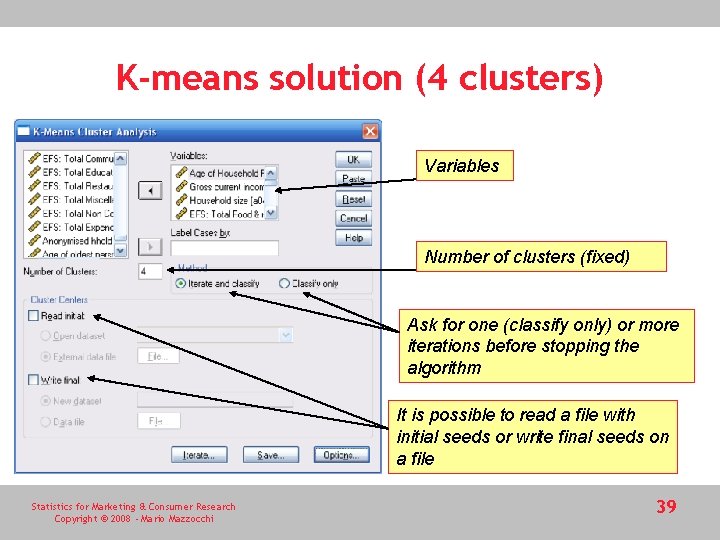 K-means solution (4 clusters) Variables Number of clusters (fixed) Ask for one (classify only)