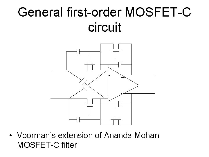 General first-order MOSFET-C circuit - + + - • Voorman’s extension of Ananda Mohan