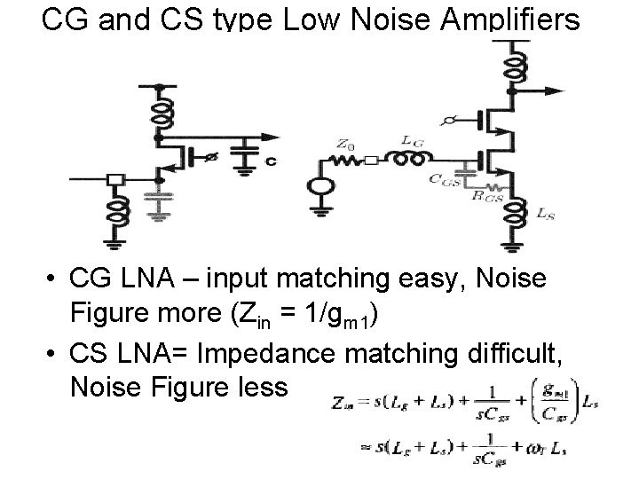 CG and CS type Low Noise Amplifiers • CG LNA – input matching easy,