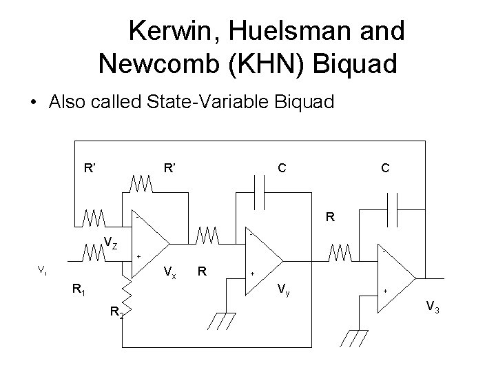  Kerwin, Huelsman and Newcomb (KHN) Biquad • Also called State-Variable Biquad R’ R’