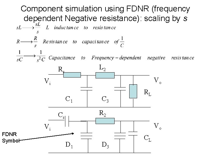 Component simulation using FDNR (frequency dependent Negative resistance): scaling by s L 2 Rs