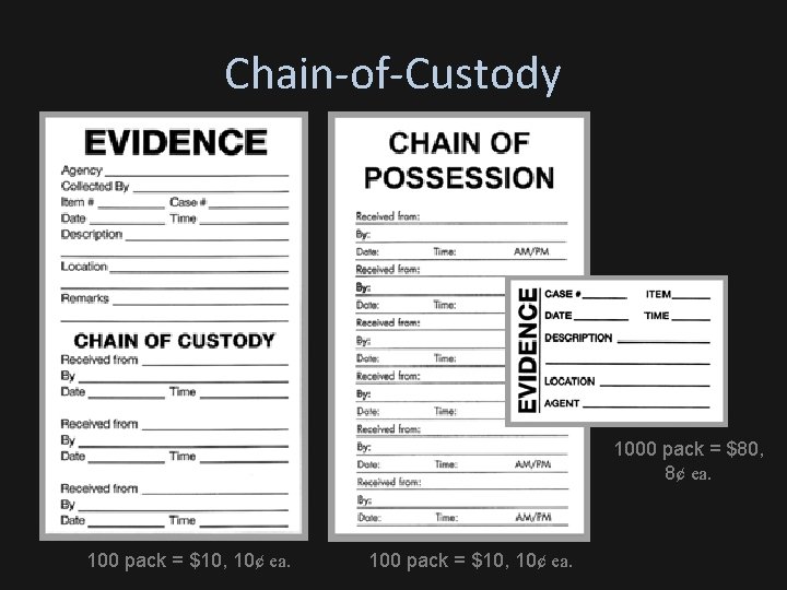 Chain-of-Custody 1000 pack = $80, 8¢ ea. 100 pack = $10, 10¢ ea. 