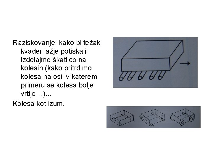 Raziskovanje: kako bi težak kvader lažje potiskali; izdelajmo škatlico na kolesih (kako pritrdimo kolesa