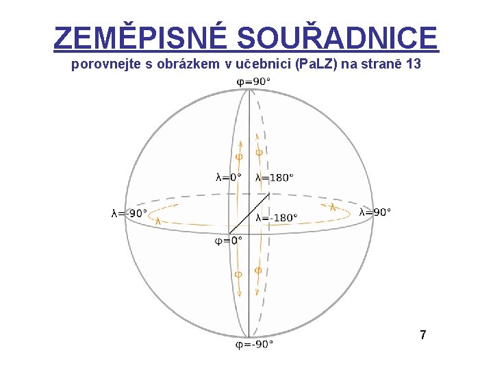 ZEMĚPISNÉ SOUŘADNICE porovnejte s obrázkem v učebnici (Pa. LZ) na straně 13 7 