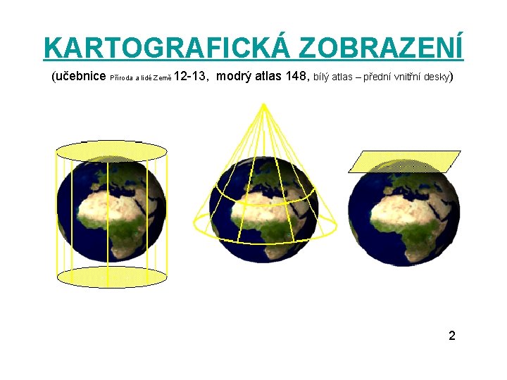 KARTOGRAFICKÁ ZOBRAZENÍ (učebnice Příroda a lidé Země 12 -13, modrý atlas 148, bílý atlas