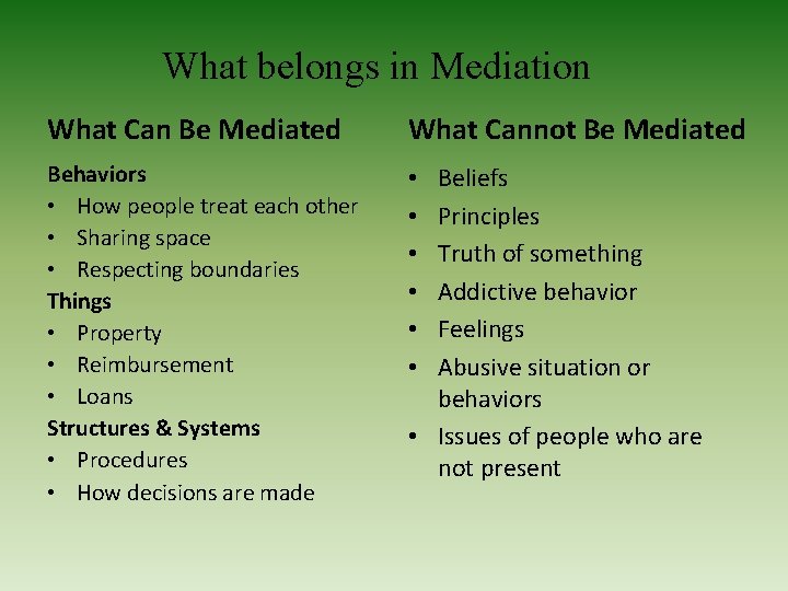 What belongs in Mediation What Can Be Mediated What Cannot Be Mediated Behaviors •