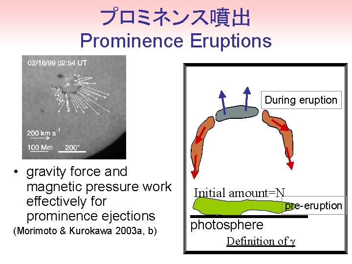 プロミネンス噴出 Prominence Eruptions During eruption • gravity force and magnetic pressure work effectively for