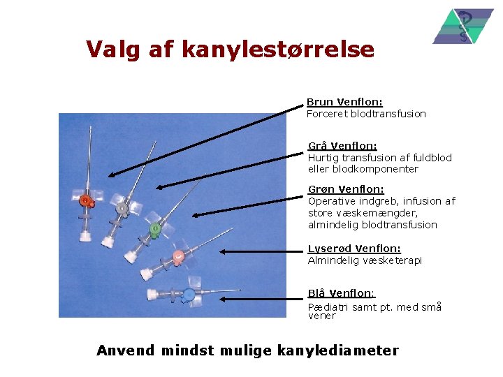 Valg af kanylestørrelse Brun Venflon: Forceret blodtransfusion Grå Venflon: Hurtig transfusion af fuldblod eller