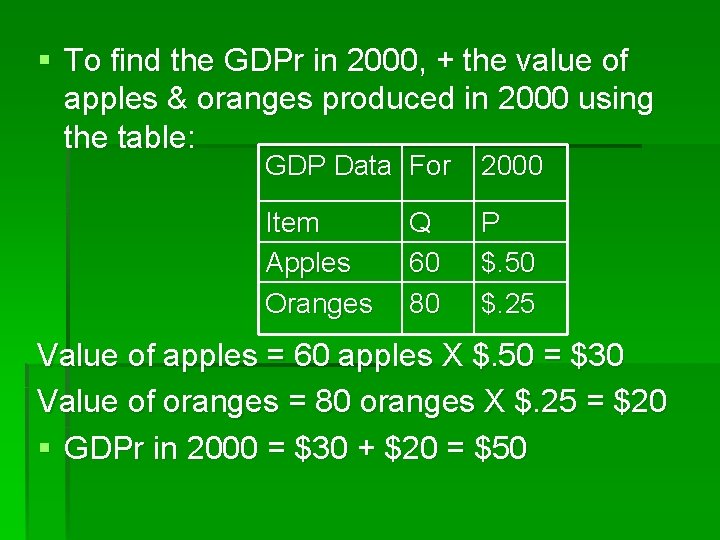 § To find the GDPr in 2000, + the value of apples & oranges