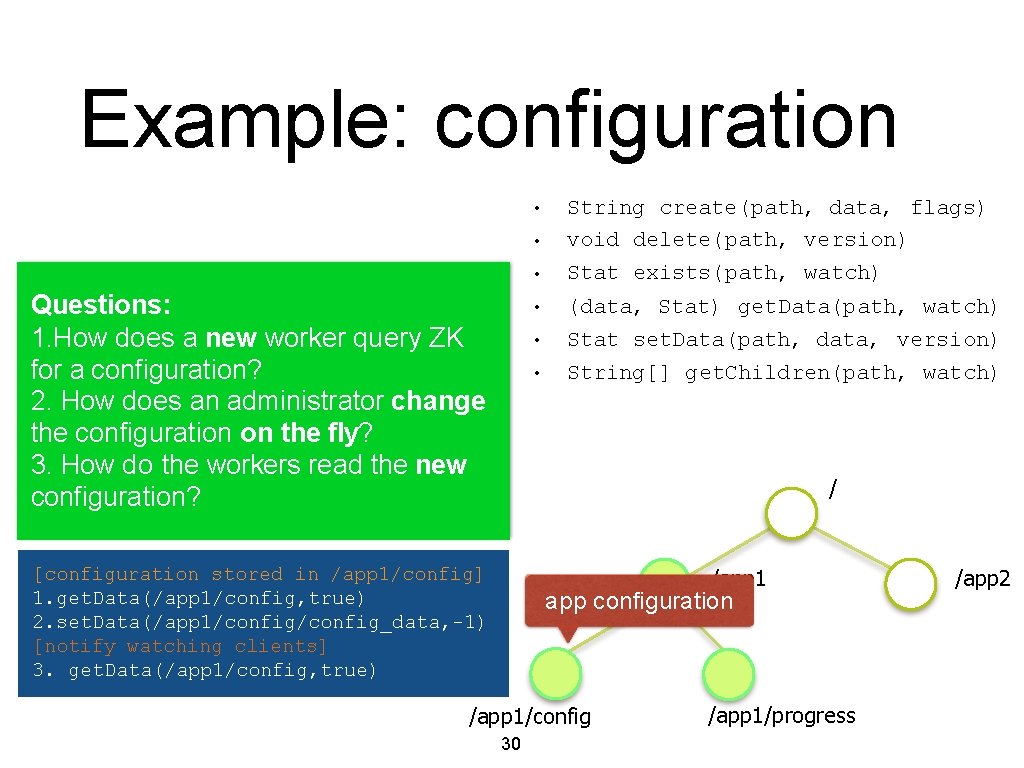 Example: configuration • String create(path, data, flags) void delete(path, version) • Stat exists(path, watch)