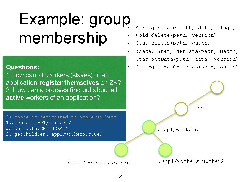 Example: group membership • • • Questions: 1. How can all workers (slaves) of