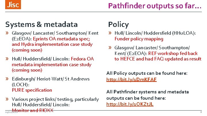 Pathfinder outputs so far… Systems & metadata » Glasgow/ Lancaster/ Southampton/ Kent (E 2