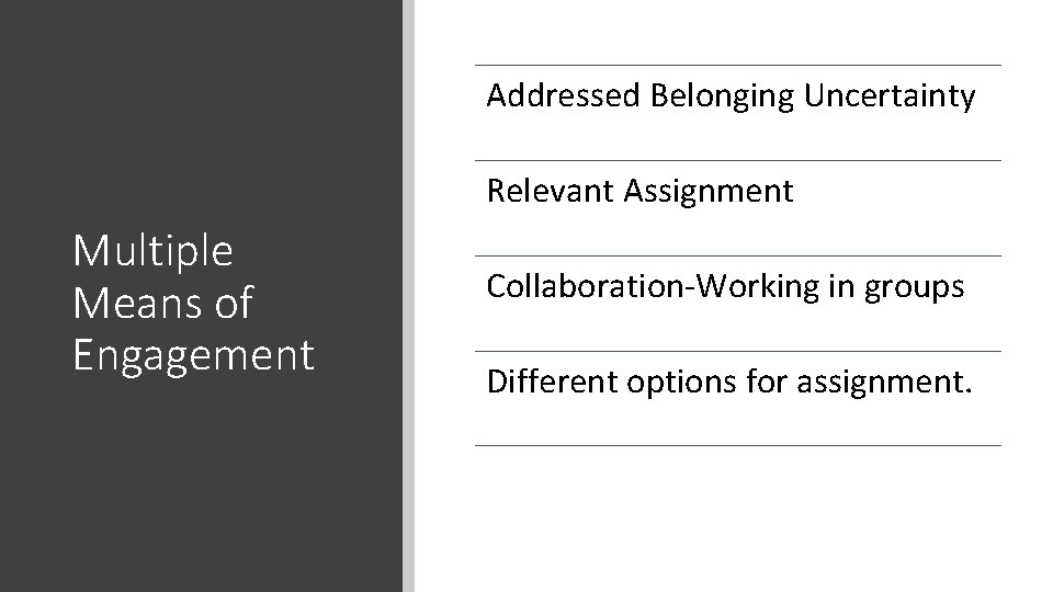 Addressed Belonging Uncertainty Relevant Assignment Multiple Means of Engagement Collaboration-Working in groups Different options