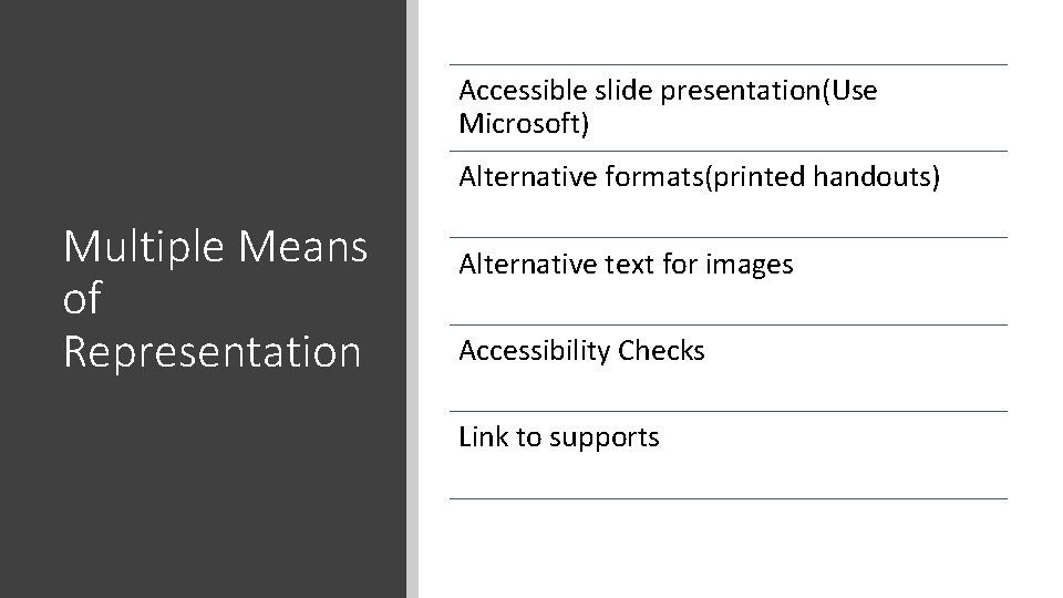 Accessible slide presentation(Use Microsoft) Alternative formats(printed handouts) Multiple Means of Representation Alternative text for