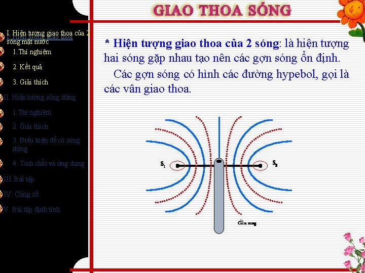 I. Hiện tượng giao thoa của 2 I. sóng mặt nước 1. Thí nghiệm