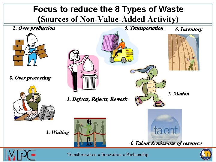 Focus to reduce the 8 Types of Waste (Sources of Non-Value-Added Activity) 2. Over