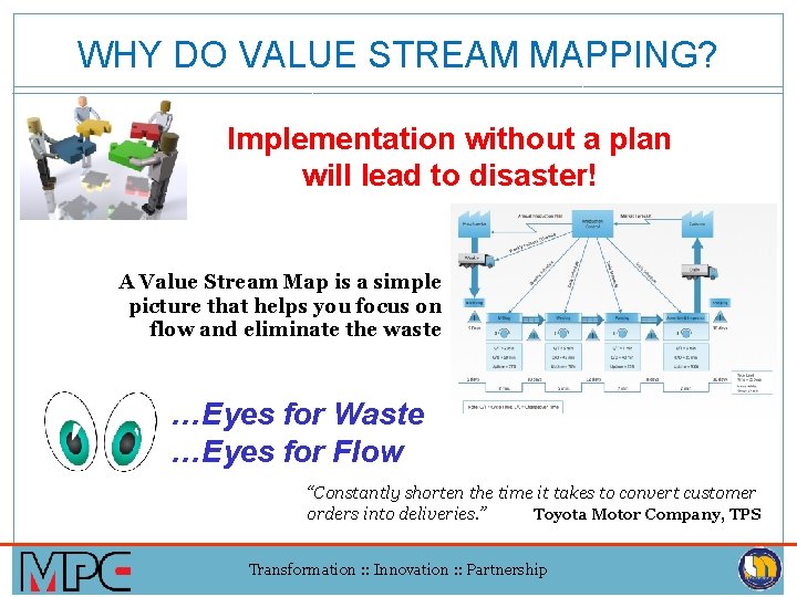 WHY DO VALUE STREAM MAPPING? Implementation without a plan will lead to disaster! A