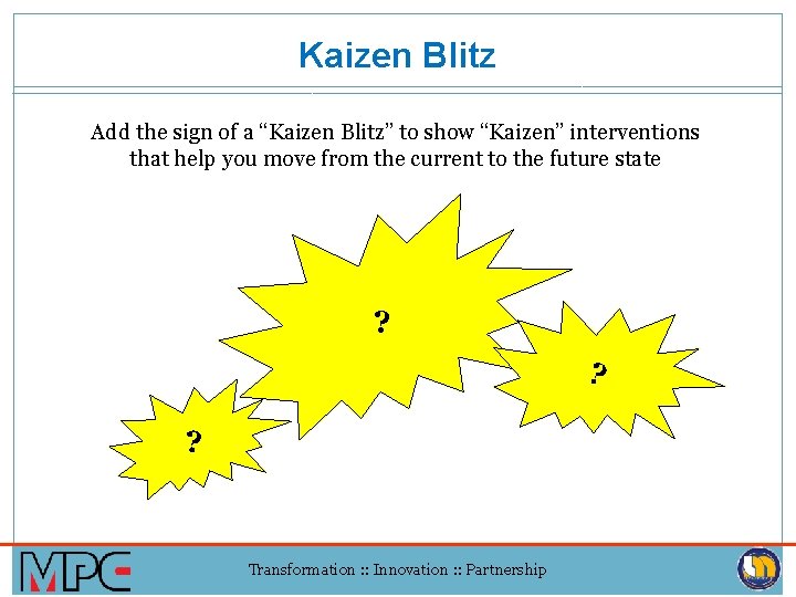 Kaizen Blitz Add the sign of a “Kaizen Blitz” to show “Kaizen” interventions that