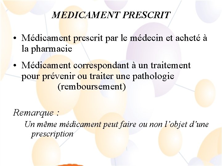 MEDICAMENT PRESCRIT • Médicament prescrit par le médecin et acheté à la pharmacie •