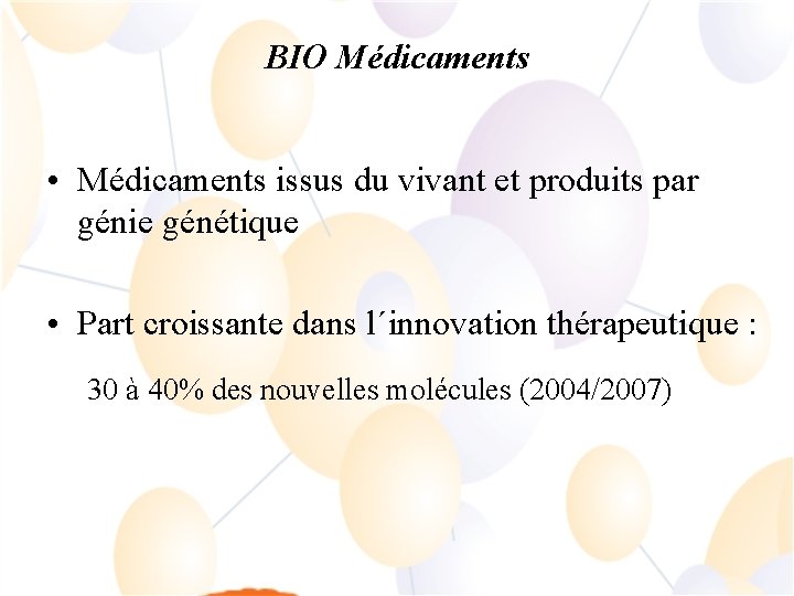 BIO Médicaments • Médicaments issus du vivant et produits par génie génétique • Part