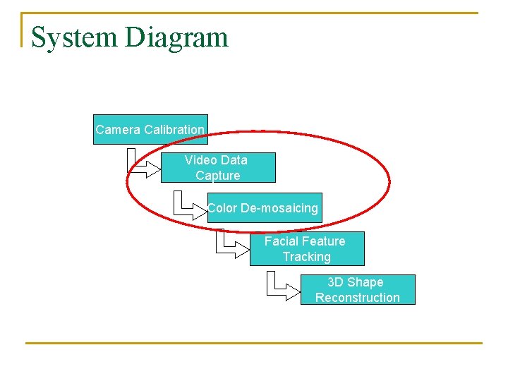 System Diagram Camera Calibration Video Data Capture Color De-mosaicing Facial Feature Tracking 3 D