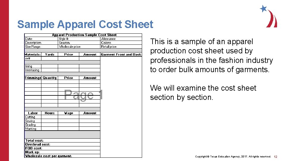 Sample Apparel Cost Sheet This is a sample of an apparel production cost sheet