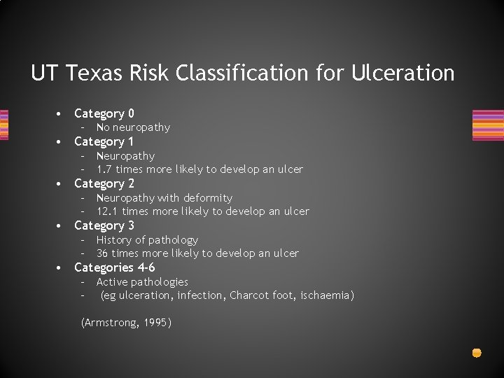 UT Texas Risk Classification for Ulceration • Category 0 – No neuropathy • Category