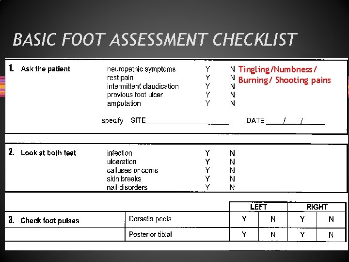 BASIC FOOT ASSESSMENT CHECKLIST Tingling/Numbness/ Burning/ Shooting pains 
