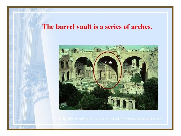 The barrel vault is a series of arches. http: //www. arlington. k 12. va.