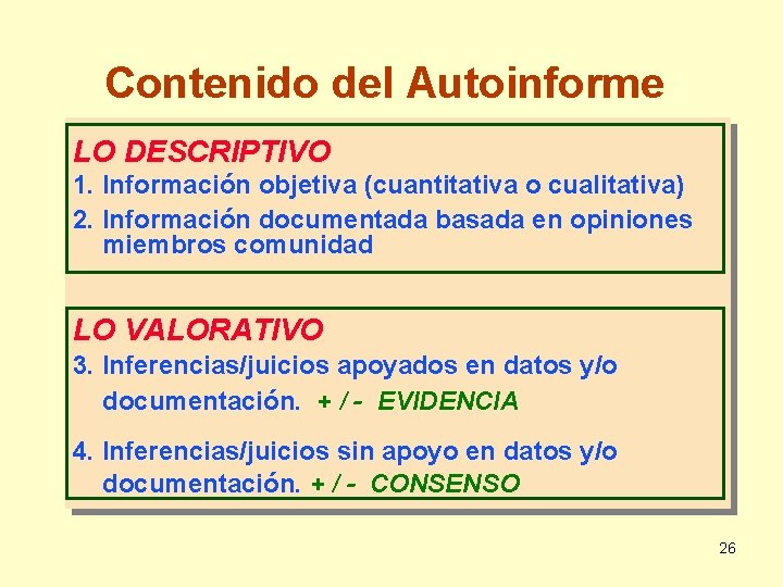Contenido del Autoinforme LO DESCRIPTIVO 1. Información objetiva (cuantitativa o cualitativa) 2. Información documentada