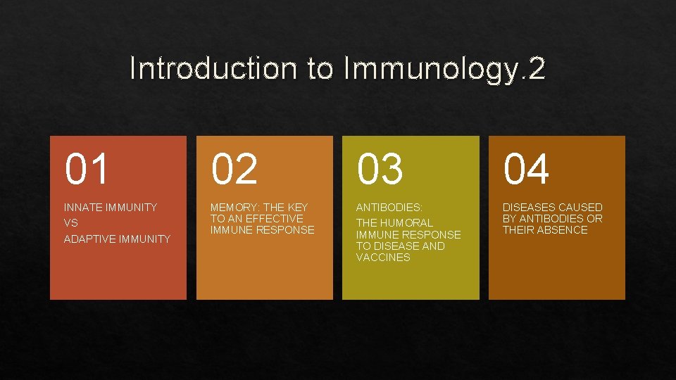 Introduction to Immunology. 2 01 02 03 04 INNATE IMMUNITY VS ADAPTIVE IMMUNITY MEMORY: