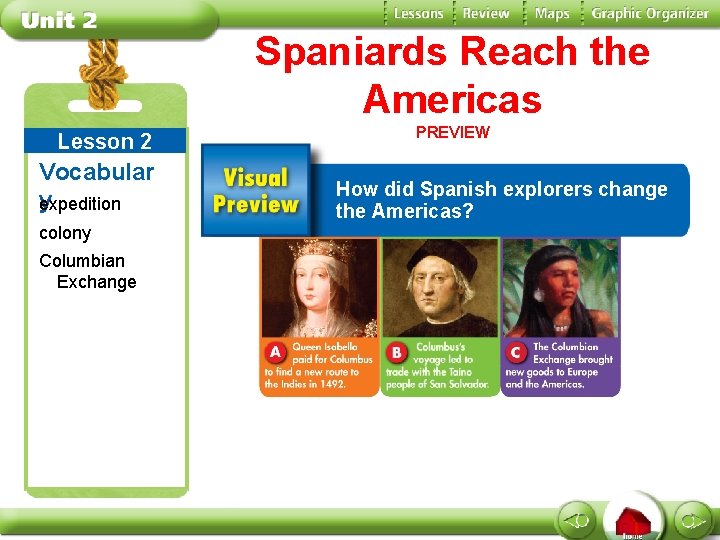 Spaniards Reach the Americas Lesson 2 Vocabular y expedition colony Columbian Exchange PREVIEW How