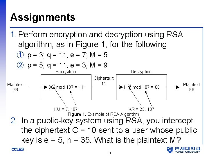 Assignments 1. Perform encryption and decryption using RSA algorithm, as in Figure 1, for