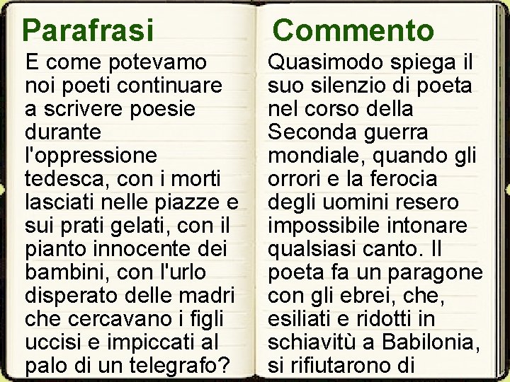 Parafrasi Commento E come potevamo noi poeti continuare a scrivere poesie durante l'oppressione tedesca,