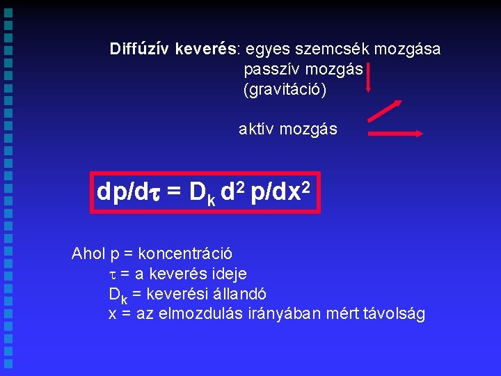 Diffúzív keverés: egyes szemcsék mozgása passzív mozgás (gravitáció) aktív mozgás dp/dt = Dk d